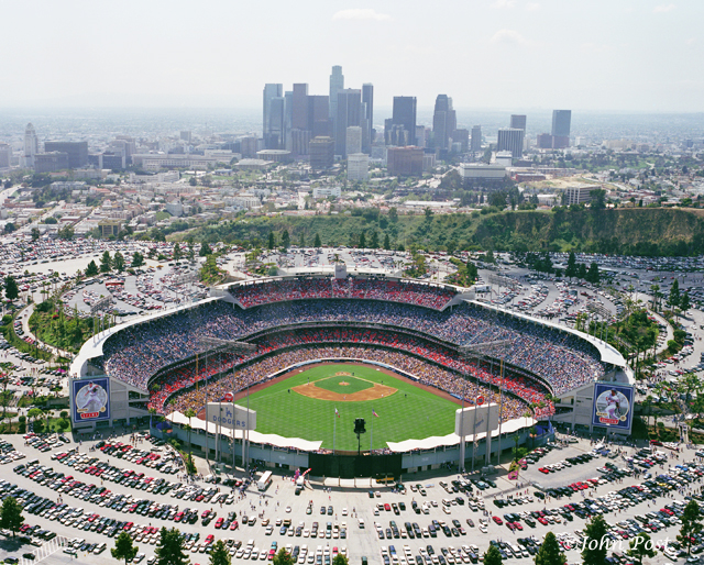 Aerial view of Dodger baseball stadium and downtown Los Angeles