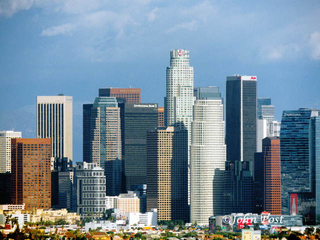 View of downtown Los Angeles buildings from Grand Central Market