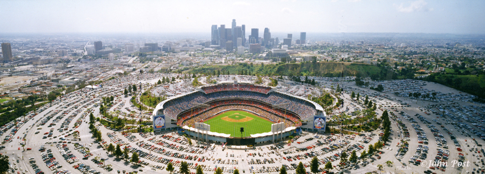 View of Dodger Stadium and downtown Los Angeles from Elysian Park.  Opening day of 2012 baseball season. G2-66