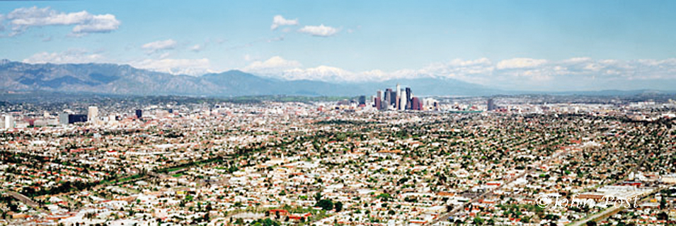 aerial View of downtown Los Angeles buildings from Grand Central Market