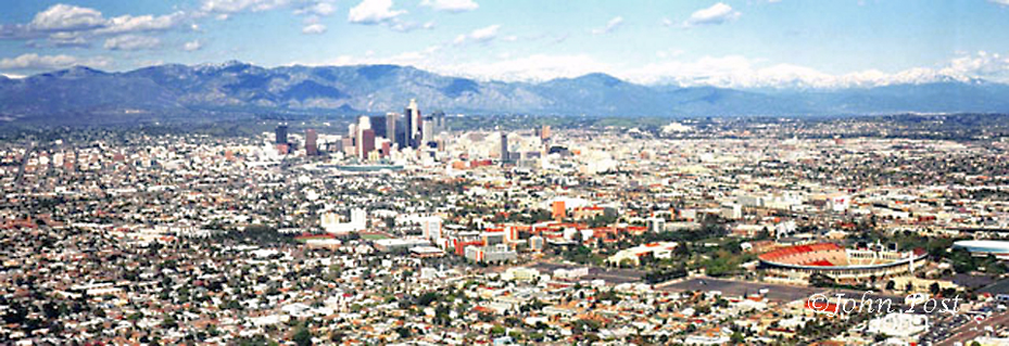 Aerial view of  downtown los Angeles with USC campus & LA Coleseum