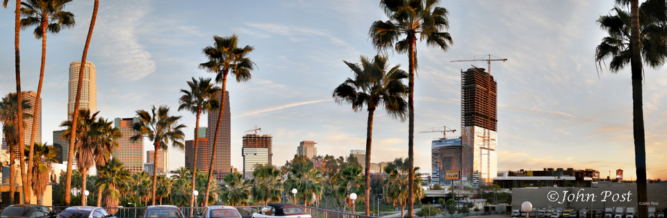 View of downtown Los Angeles buildings from Grand Central Market