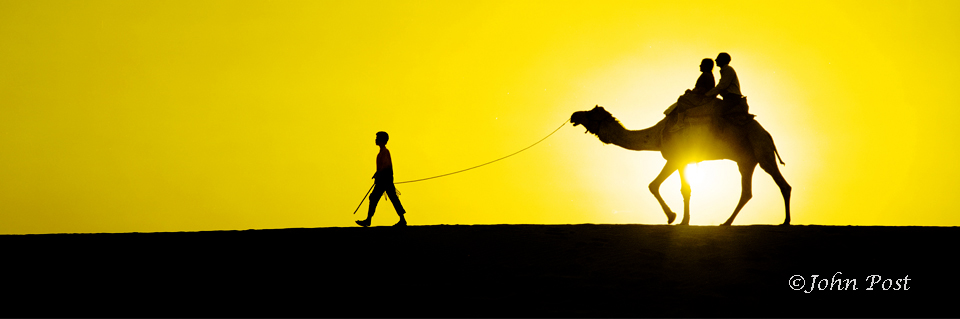 India, subcontinent, Sam Dunes, man leading camel with riders, silhouette