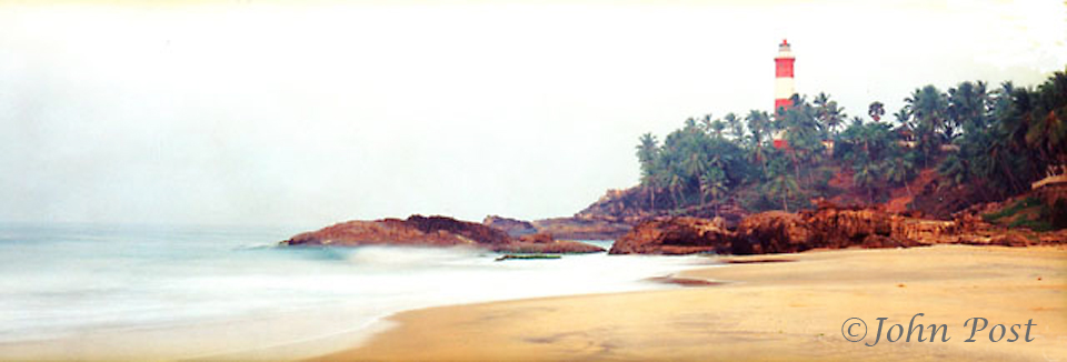 lighthouse, rocks, palms, ocean