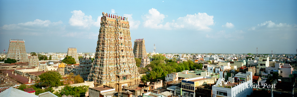 India, View to Gopuram, west entrance to the Meenakshi Temple, verticle