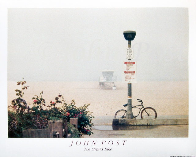 Bike leaning against pole on a foggy beach morning - Poster 24x30