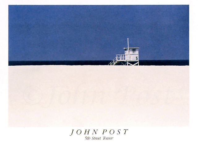 View accross empty white sand beach to Fifth Street lifeguard Tower - Poster 22x30