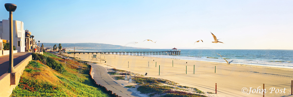 Coastal View South to Manhattan Beach Pier and Flying Seagulls