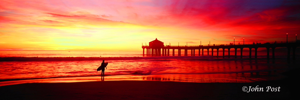 Manhattan Beach Pier, Sunset, clouds and Silhouette of Surfer and Pier