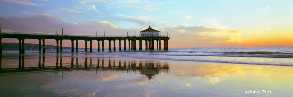 Sunset, low tide Mnahattan Beach pier, catalina Is., palos verdes,  clouds, reflections