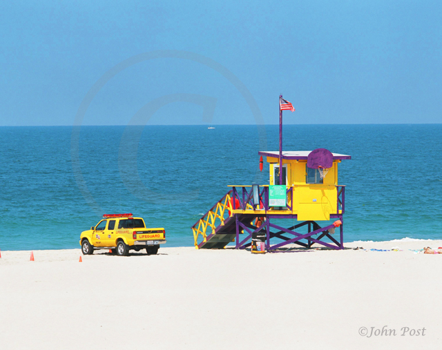 View of lifeguard tower decorated as LA Lakers basketball net.