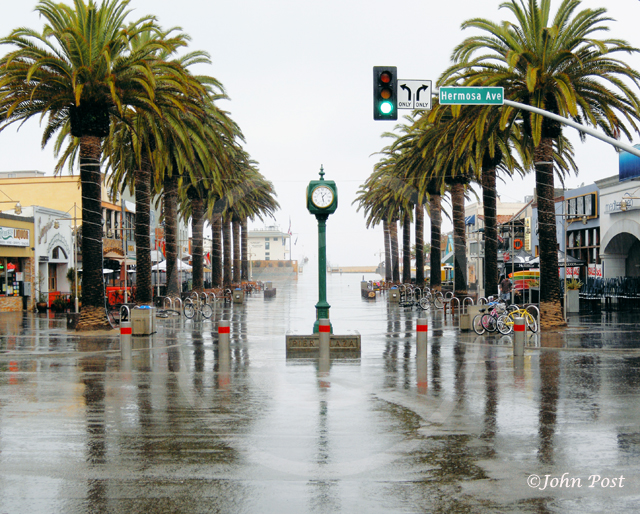 View of Hermosa Beach Promenade Clock in the rain, no people