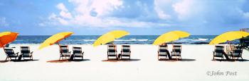 Row of Beach Chairs Yellow Umbrellas and Water