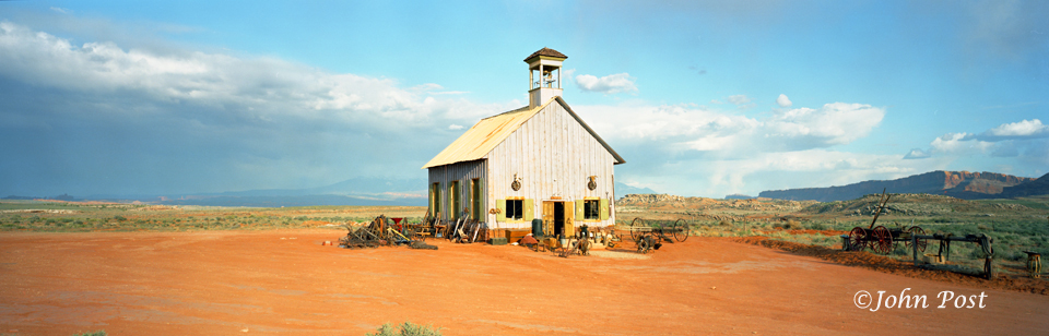 Old tin schoolhouse on hill
