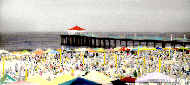 Surf Festival , Pier & Brollys  Hand Colored B&W